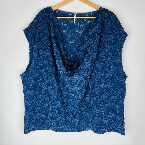 Free People Sweet Whisper Samantha Blue Lace Oversized Cowl Neck Draped Top - Picture 2 of 7